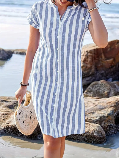 Soline™ | Striped Linen-Look Button Dress