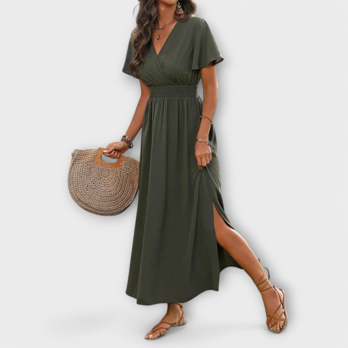Heather - Elegant Boho Dress with V-Neck and Long Sleeves