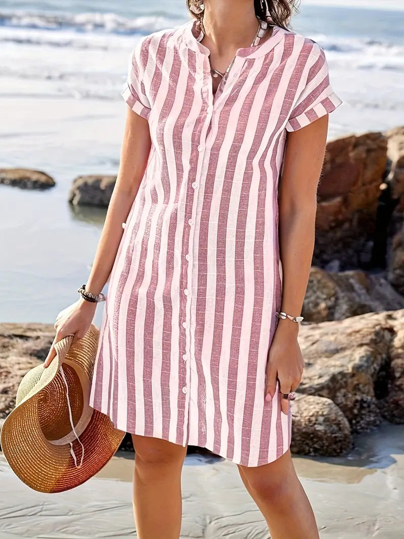Soline™ | Striped Linen-Look Button Dress
