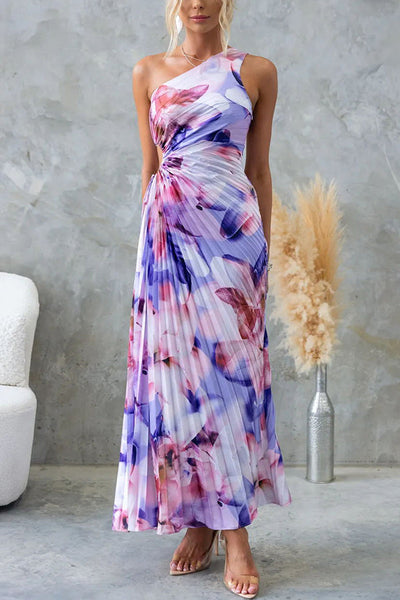 Deja - Floral Print One-Shoulder Pleated Maxi Dress
